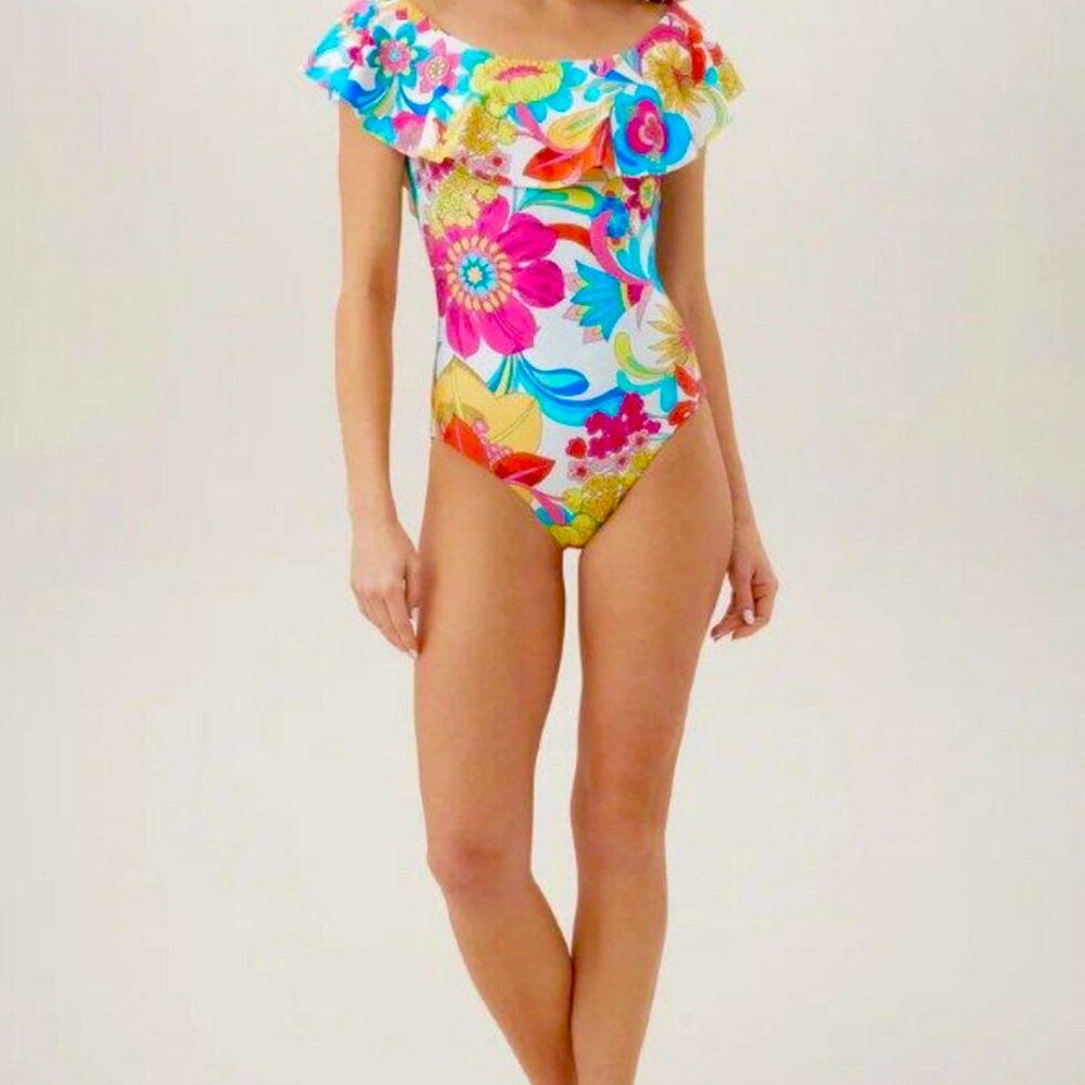 TRINA TURK FONTAINE OFF THE SHOULDER RUFFLE ONE PIECE SWIMSUIT
SIZE 6 -NWT - Picture 6 of 7